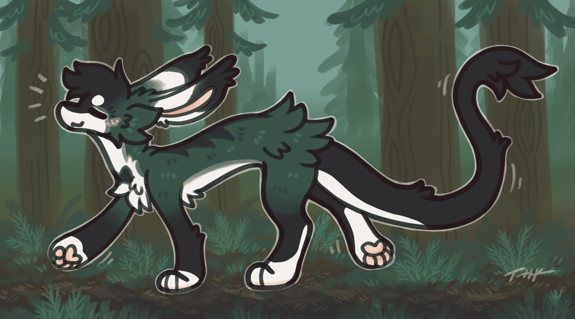 an illustration of Tux, a noodly critter with muted green, black, and white fur, blissfully taking a walk through the woods